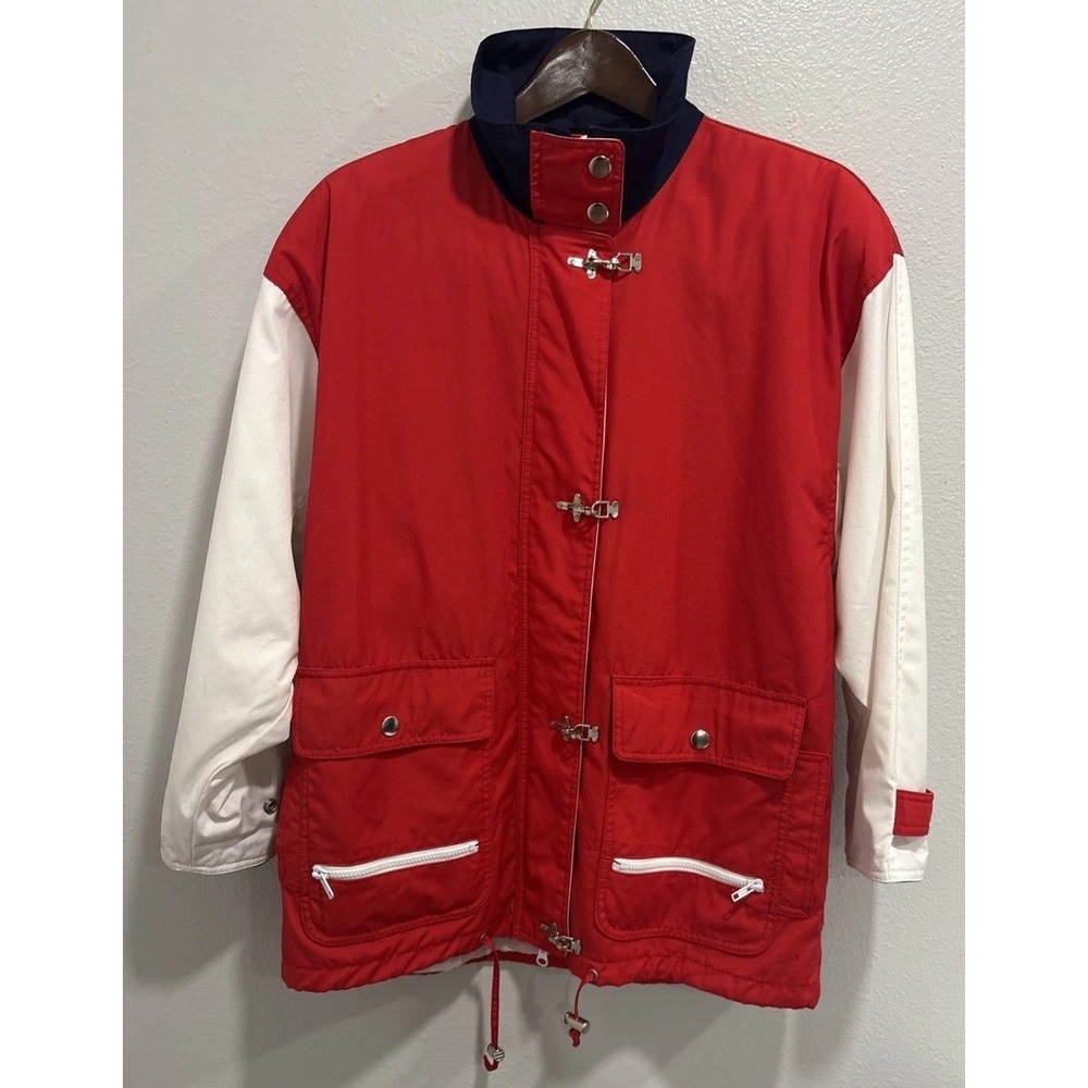 VTG London Fog Rain Coat Med Red Cotton Lined Toggle Fisher Core Ocean irregular